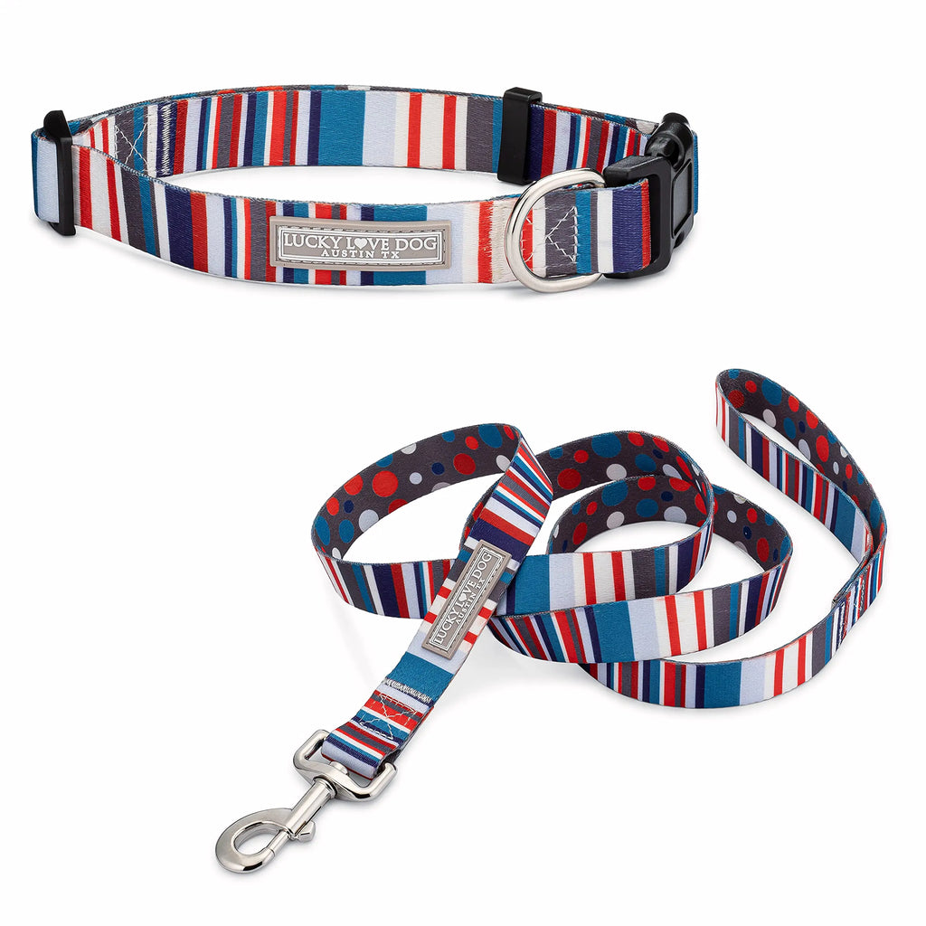 Lucky Love Dog Nautical Matching Dog Collar and Leash Set Polka Dot Striped Dog Collar and Leash for Male Female Dogs - (Large Linus Combo)