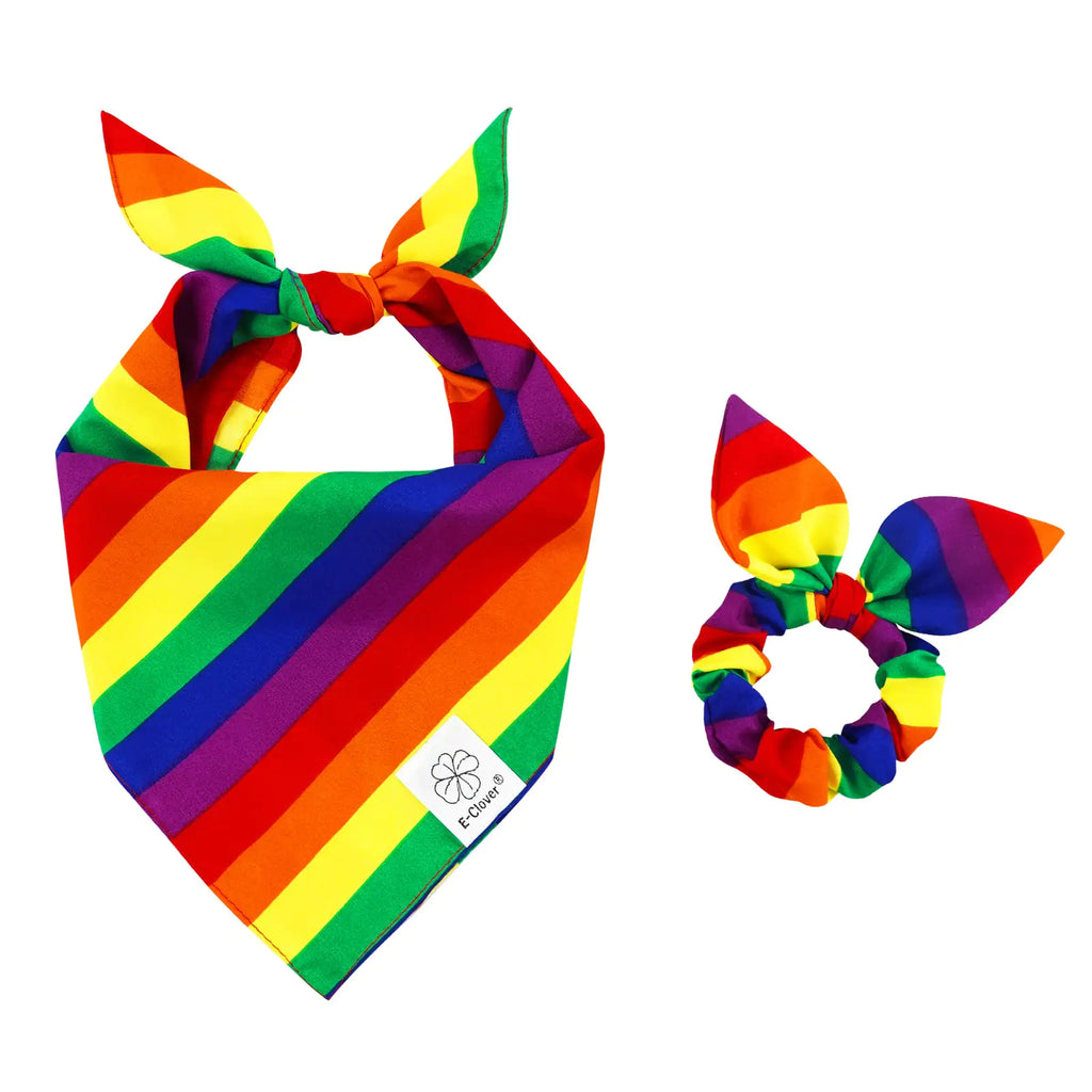 E-Clover Pride Dog Bandanas & Matching Scrunchie Set LGBT+ Rainbow Dog Bandana Scarf with Hair Tie for Medium Large Dogs Pet Owner Mom Gifts