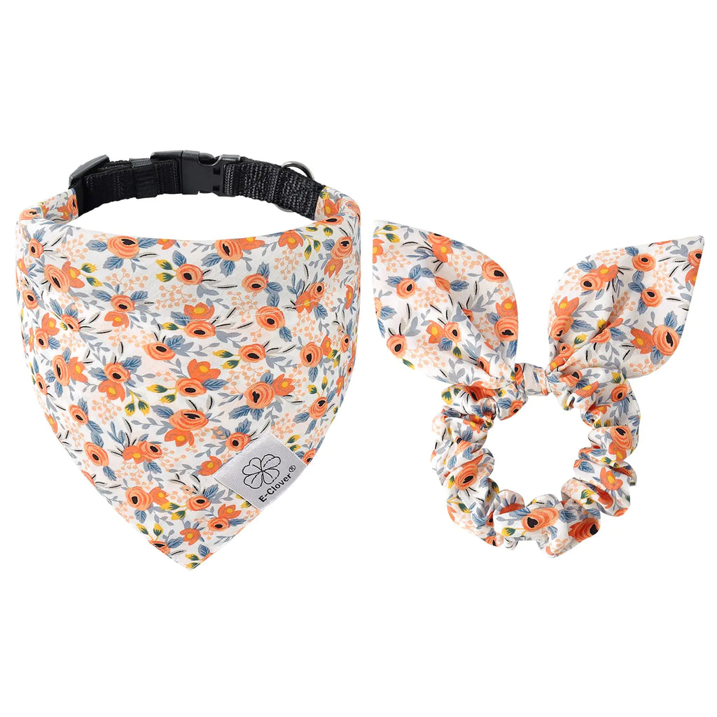 E-Clover Dog Collar Flower Print Dog Collar Bandanas & Matching Scrunchie Set Girl Adjustable Collars for XS Small Dogs Puppy Cat Owner Orange