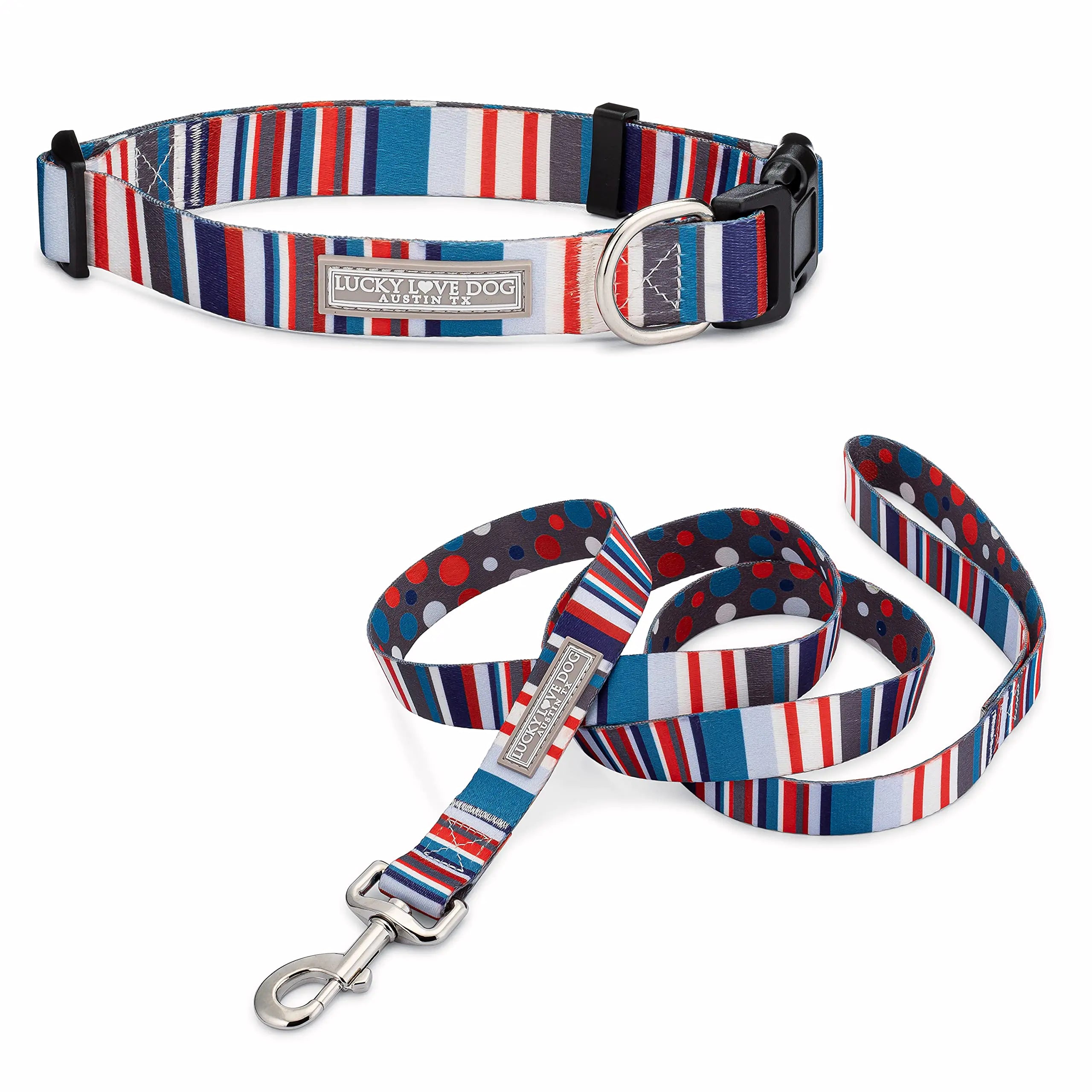 Lucky Love Dog Nautical Matching Dog Collar and Leash Set Polka Dot Striped Dog Collar and Leash for Male Female Dogs - (Large Linus Combo)