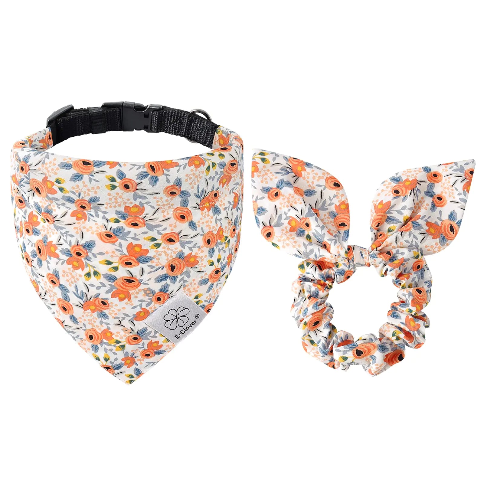 E-Clover Dog Collar Flower Print Dog Collar Bandanas & Matching Scrunchie Set Girl Adjustable Collars for XS Small Dogs Puppy Cat Owner Orange