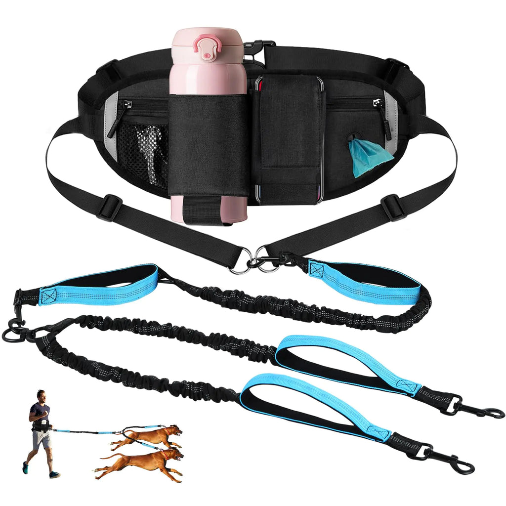 Hands Free Dog Leash for Two Dogs with Adjustable Waist Belt Double Waist Leash for Dog Walking Training Jogging Dog Running Leash Hands Free for Medium & Large Dogs Dual Dog Leash for 2 Dogs